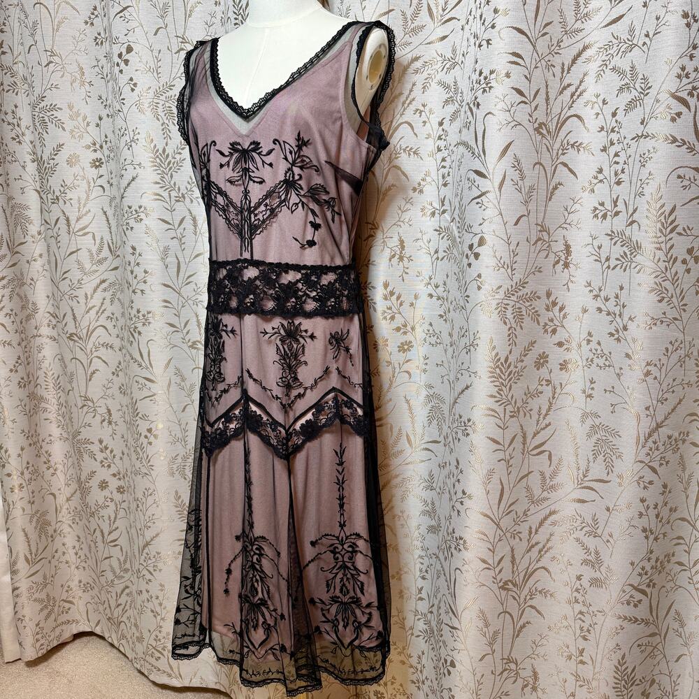 Newport News VTG Y2K Lace Mesh Flapper Dress 10 Black Pink Art Deco Gatsby 1920s - Picture 10 of 14